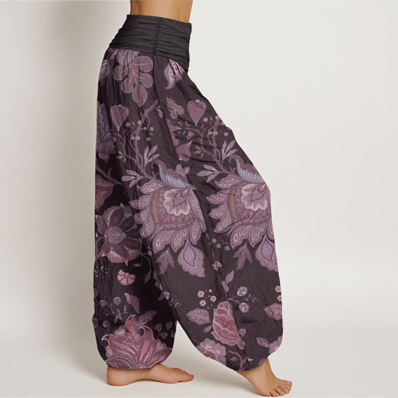 Pantaloni harem da donna in puro cotone con elastico in vita, stile casual, motivo peonia , Buddha Stones