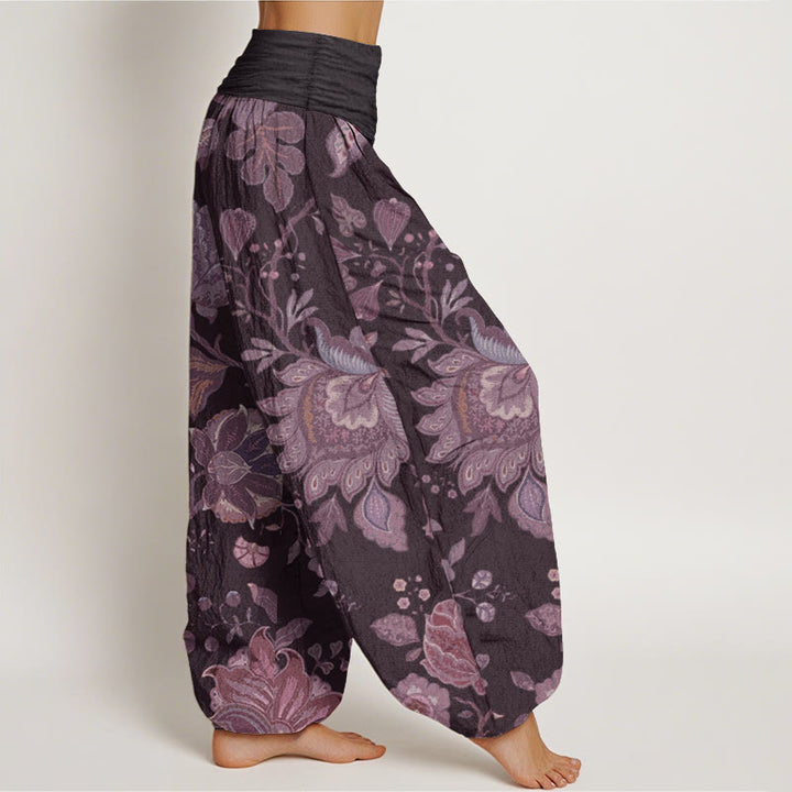Pantaloni harem da donna in puro cotone con elastico in vita, stile casual, motivo peonia , Buddha Stones