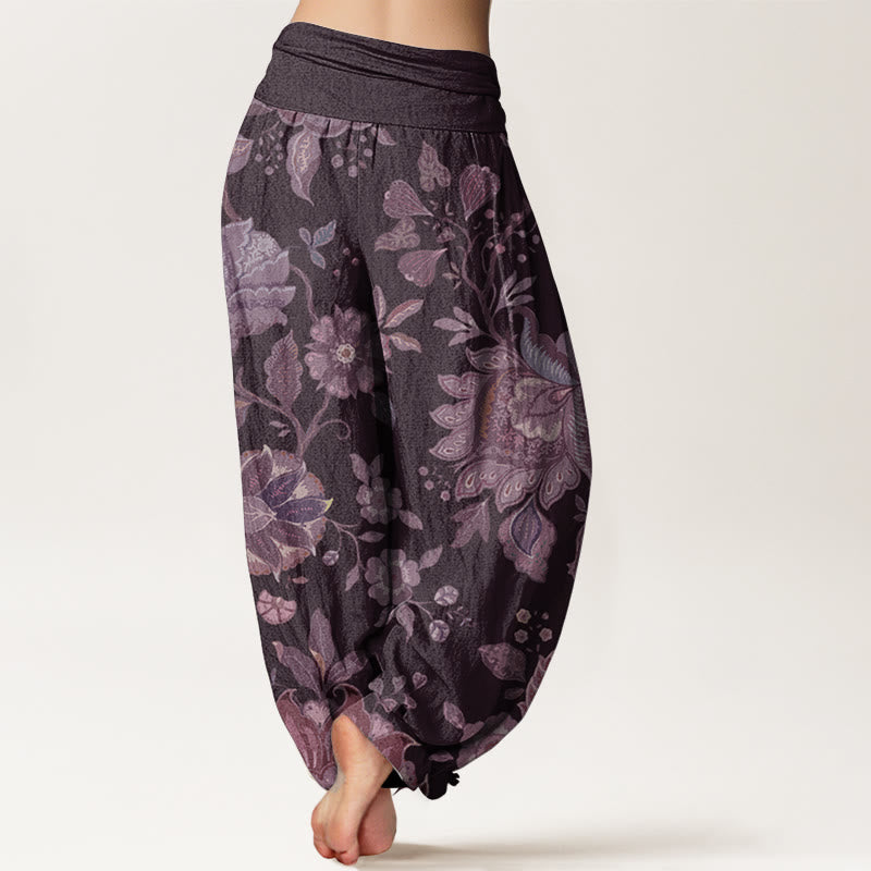 Pantaloni harem da donna in puro cotone con elastico in vita, stile casual, motivo peonia , Buddha Stones