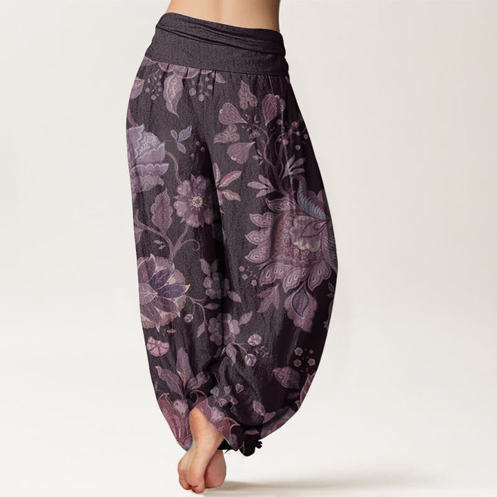 Pantaloni harem da donna in puro cotone con elastico in vita, stile casual, motivo peonia , Buddha Stones