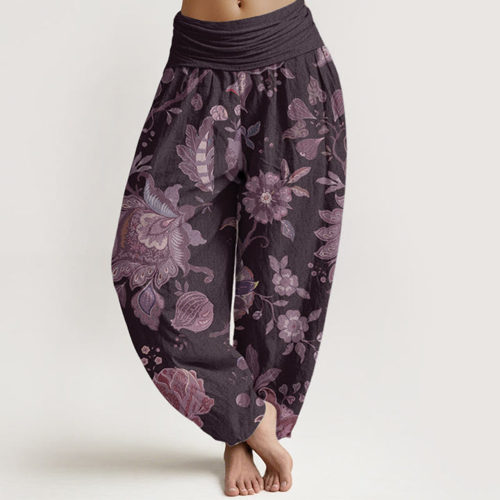 Pantaloni harem da donna in puro cotone con elastico in vita, stile casual, motivo peonia , Buddha Stones