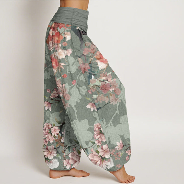 Pantaloni harem da donna con elastico in vita, in puro cotone, Buddha Stones, fiori rossi e rosa in fiore e rami rigogliosi