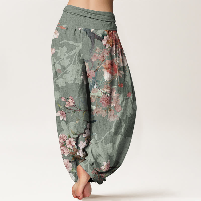 Pantaloni harem da donna con elastico in vita, in puro cotone, Buddha Stones, fiori rossi e rosa in fiore e rami rigogliosi