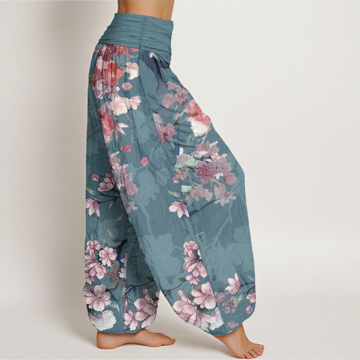 Pantaloni harem da donna con elastico in vita, in puro cotone, Buddha Stones, fiori rossi e rosa in fiore e rami rigogliosi