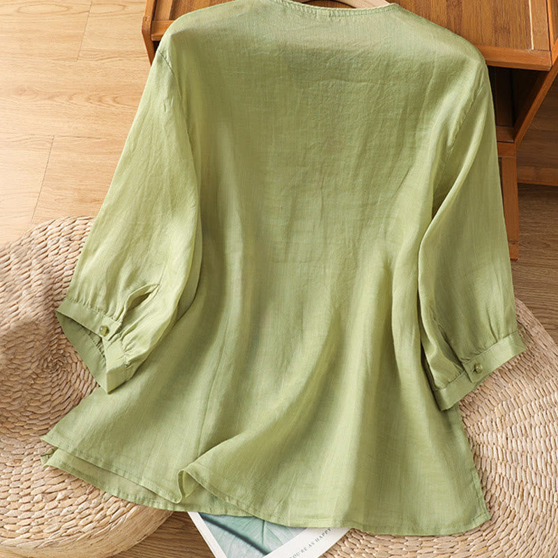 Maglietta da donna in cotone con scollo a V e fiori ricamati con Buddha Stones - image 9