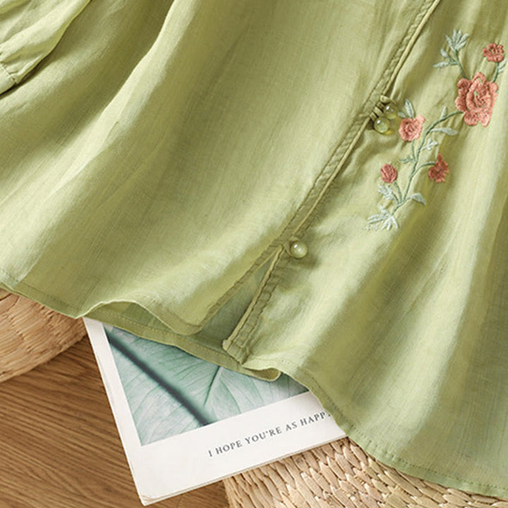 Maglietta da donna in cotone con scollo a V e fiori ricamati con Buddha Stones - image 12