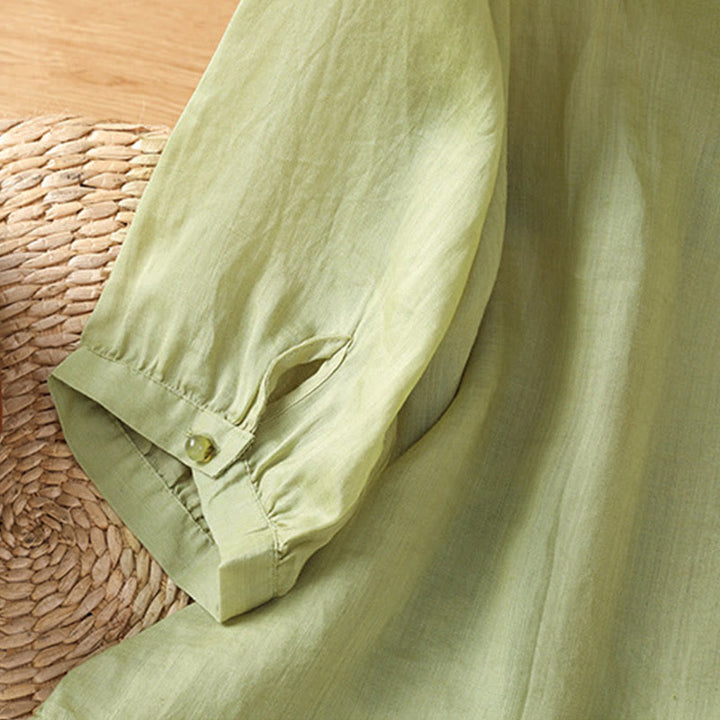 Maglietta da donna in cotone con scollo a V e fiori ricamati con Buddha Stones - image 11