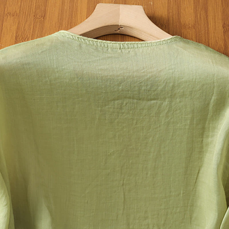 Maglietta da donna in cotone con scollo a V e fiori ricamati con Buddha Stones - image 10