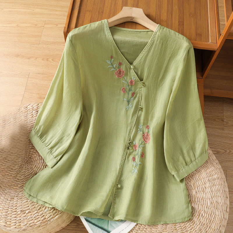 Maglietta da donna in cotone con scollo a V e fiori ricamati con Buddha Stones - GialloVerde - US12, UK/AU16, EU44 (2XL) - image 8