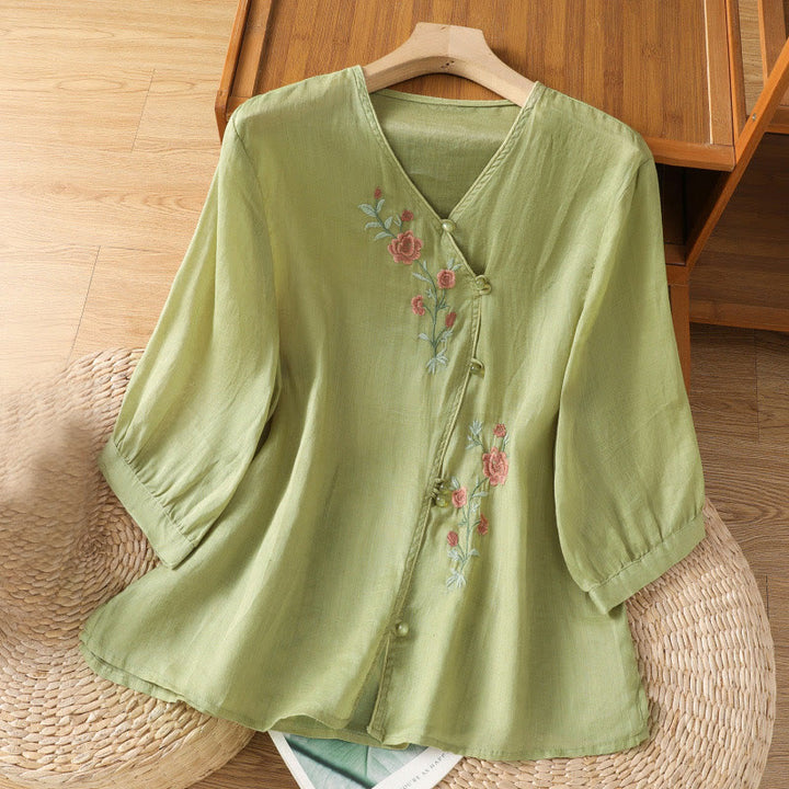 Maglietta da donna in cotone con scollo a V e fiori ricamati con Buddha Stones - GialloVerde - US12, UK/AU16, EU44 (2XL) - image 8