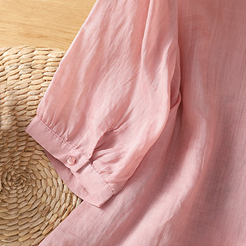 Maglietta da donna in cotone con scollo a V e fiori ricamati con Buddha Stones - image 16