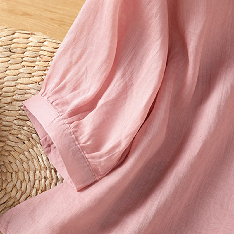 Maglietta da donna in cotone con scollo a V e fiori ricamati con Buddha Stones - image 17