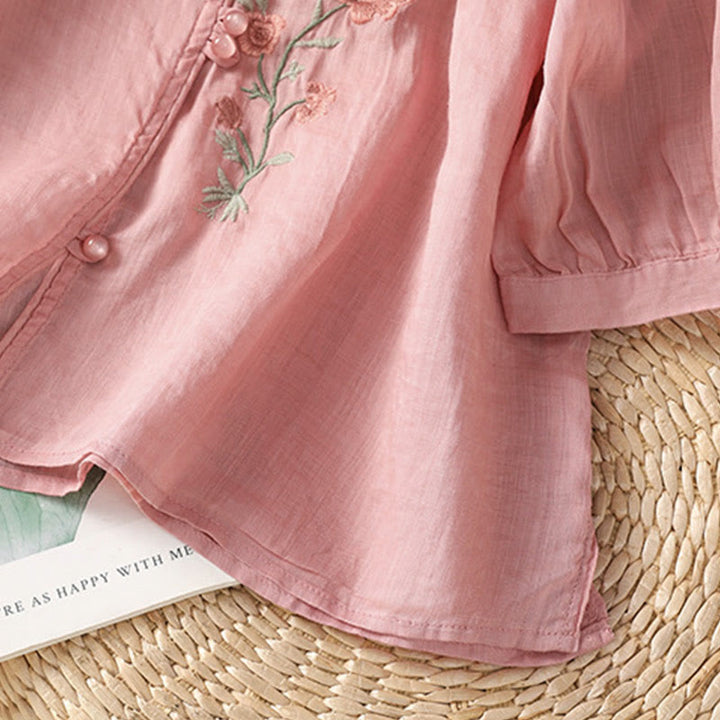 Maglietta da donna in cotone con scollo a V e fiori ricamati con Buddha Stones - image 15