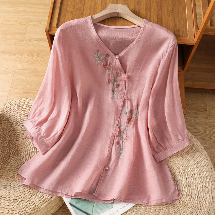 Maglietta da donna in cotone con scollo a V e fiori ricamati con Buddha Stones - Rosa chiaro - US12, UK/AU16, EU44 (2XL) - image 14