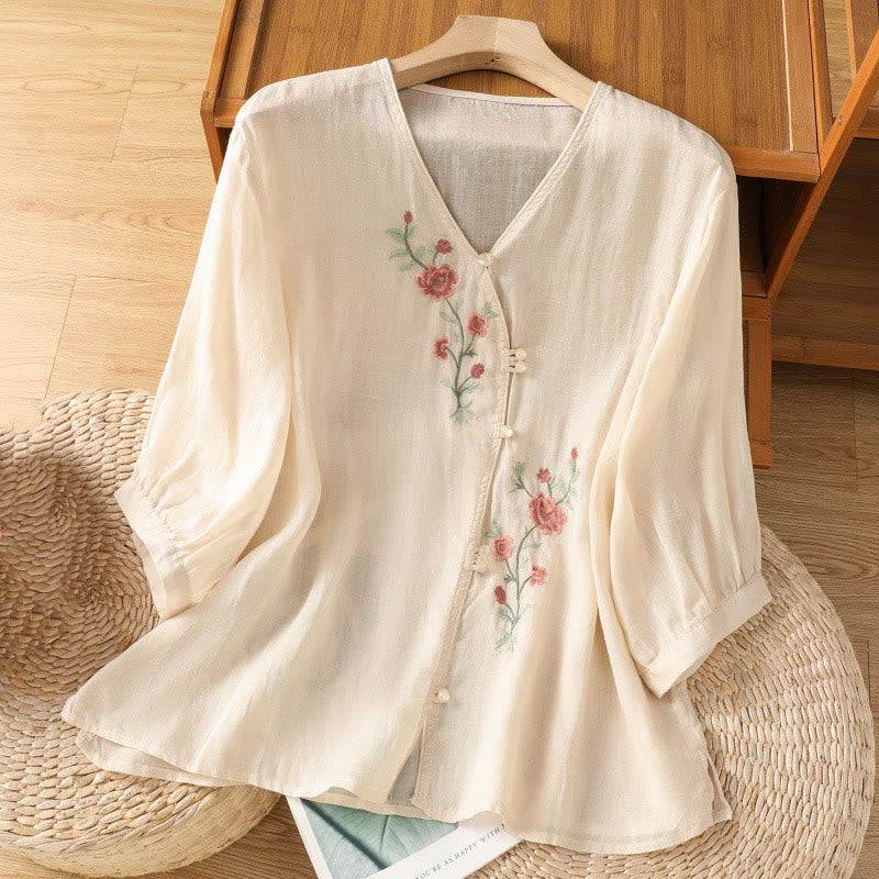 Maglietta da donna in cotone con scollo a V e fiori ricamati con Buddha Stones - PapayaWhip - US12, UK/AU16, EU44 (2XL) - image 1