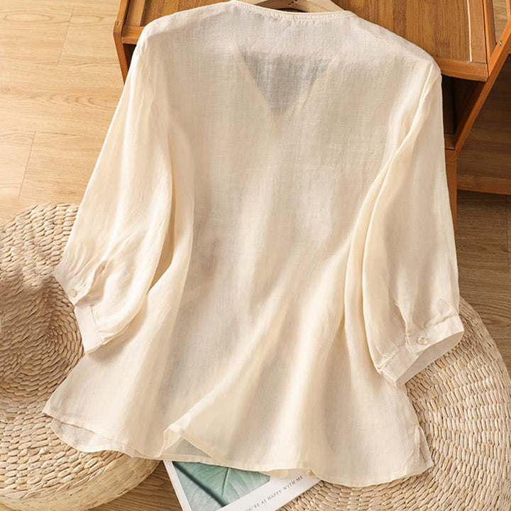 Maglietta da donna in cotone con scollo a V e fiori ricamati con Buddha Stones - image 2