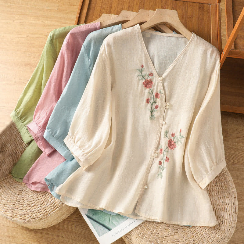 Maglietta da donna in cotone con scollo a V e fiori ricamati con Buddha Stones - image 20