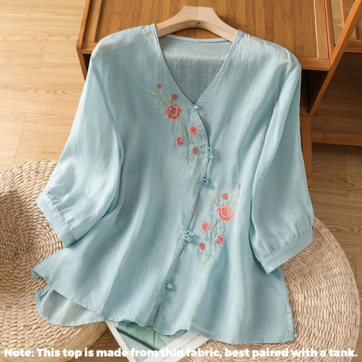 Maglietta da donna in cotone con scollo a V e fiori ricamati con Buddha Stones - image 5