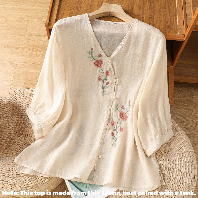 Maglietta da donna con scollo a V e ricamo di fiori Buddha Stones. - image 1
