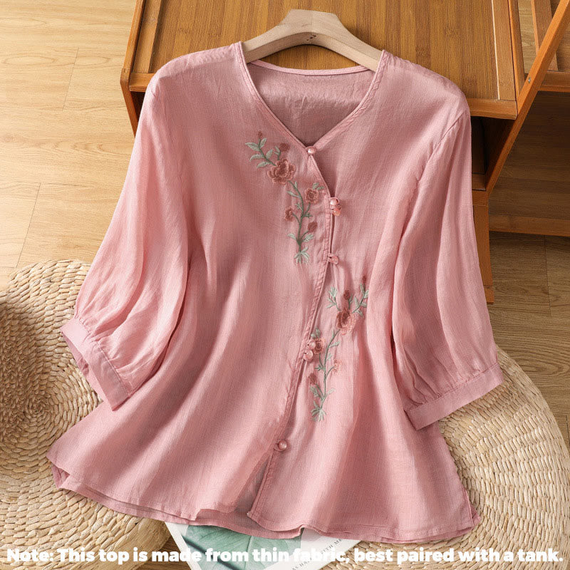 Maglietta da donna in cotone con scollo a V e fiori ricamati con Buddha Stones - image 15