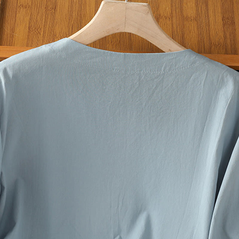 Maglietta da donna in cotone con scollo a V e ricamo simmetrico Buddha Stones - image 8