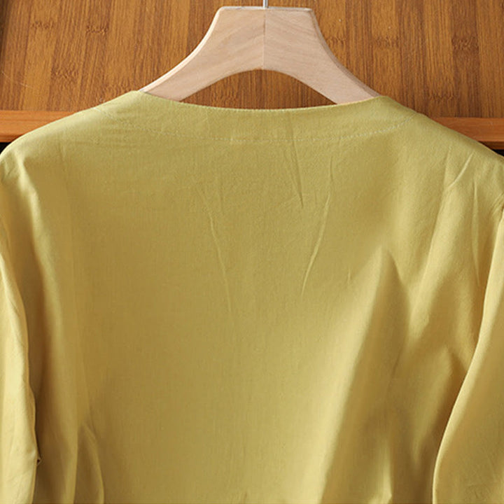 Maglietta da donna in cotone con scollo a V e ricamo simmetrico Buddha Stones - image 16