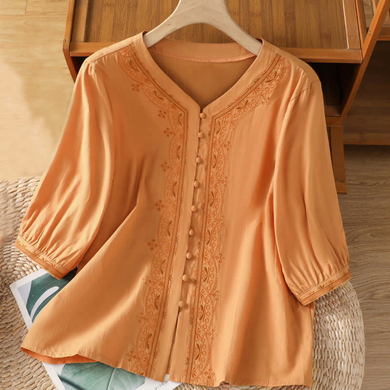 Maglietta da donna in cotone con scollo a V e ricamo simmetrico Buddha Stones - SandyBrown - US12, UK/AU16, EU44 (2XL) - image 20
