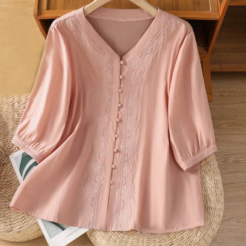 Maglietta da donna in cotone con scollo a V e ricamo simmetrico Buddha Stones - Rosa - US12, UK/AU16, EU44 (2XL) - image 27