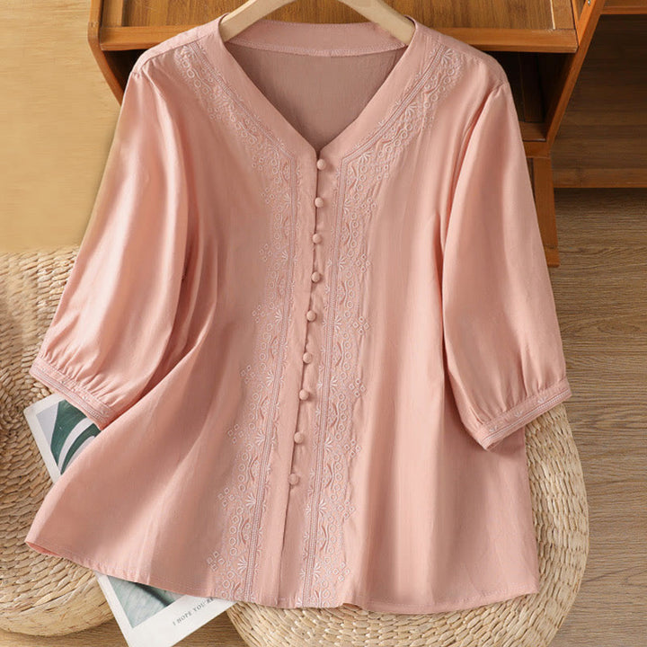 Maglietta da donna in cotone con scollo a V e ricamo simmetrico Buddha Stones - Rosa - US12, UK/AU16, EU44 (2XL) - image 27