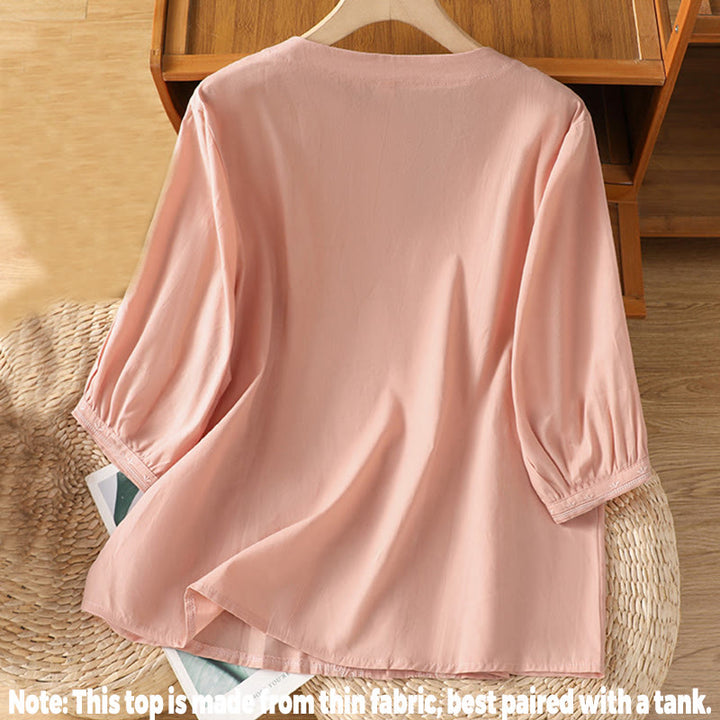 Maglietta da donna in cotone con scollo a V e ricamo simmetrico Buddha Stones - image 28