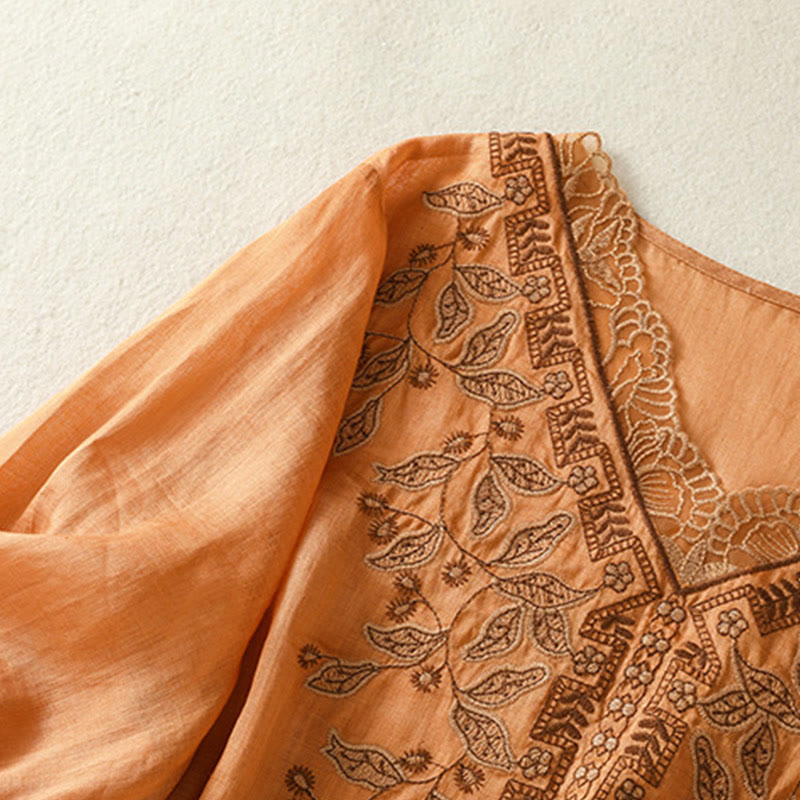 Maglietta casual da donna in cotone e lino con maniche corte, in pizzo ricamato con Buddha Stones - image 2