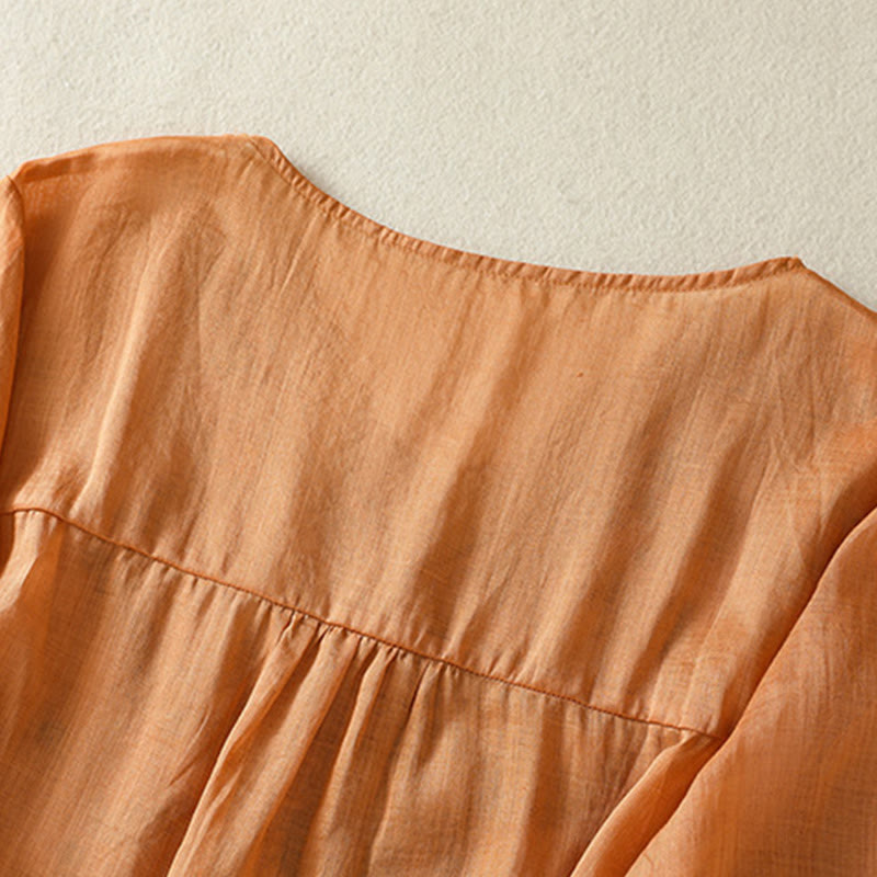 Maglietta casual da donna in cotone e lino con maniche corte, in pizzo ricamato con Buddha Stones - image 4