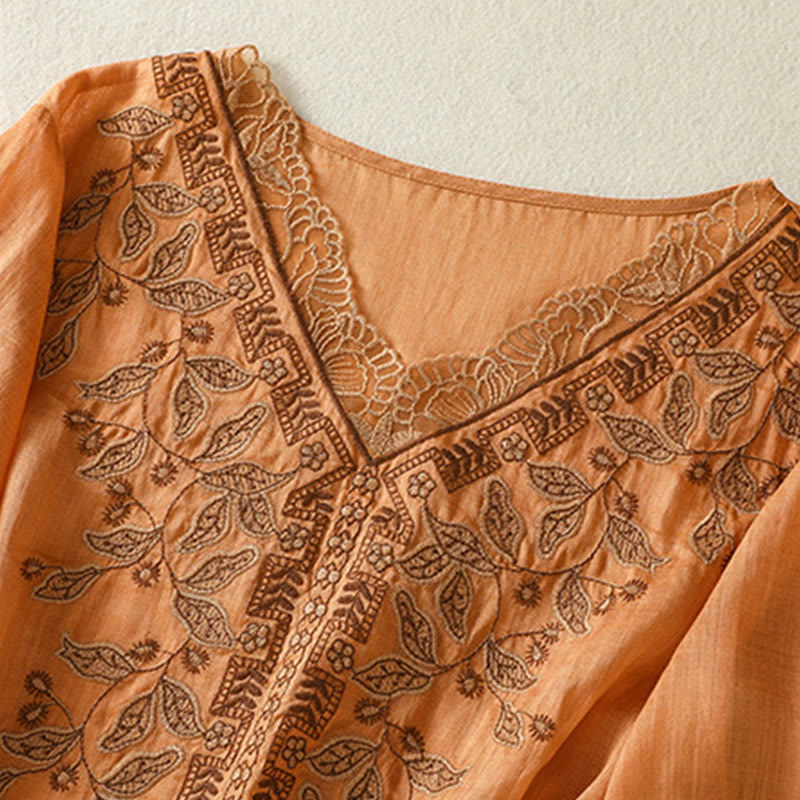 Maglietta casual da donna in cotone e lino con maniche corte, in pizzo ricamato con Buddha Stones - image 8