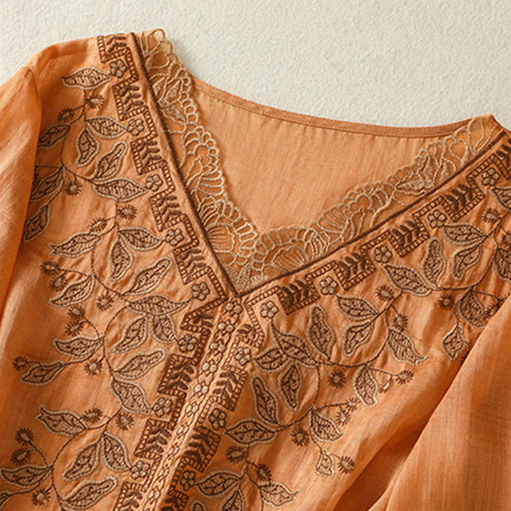 Maglietta casual da donna in cotone e lino con maniche corte, in pizzo ricamato con Buddha Stones - image 8