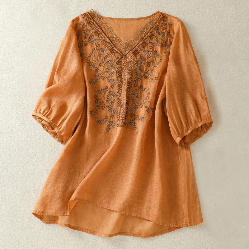 Maglietta casual da donna in cotone e lino con maniche corte, in pizzo ricamato con Buddha Stones - Cioccolato - US8-10, UK/AU12-14, EU40-42 (2XL) - image 1