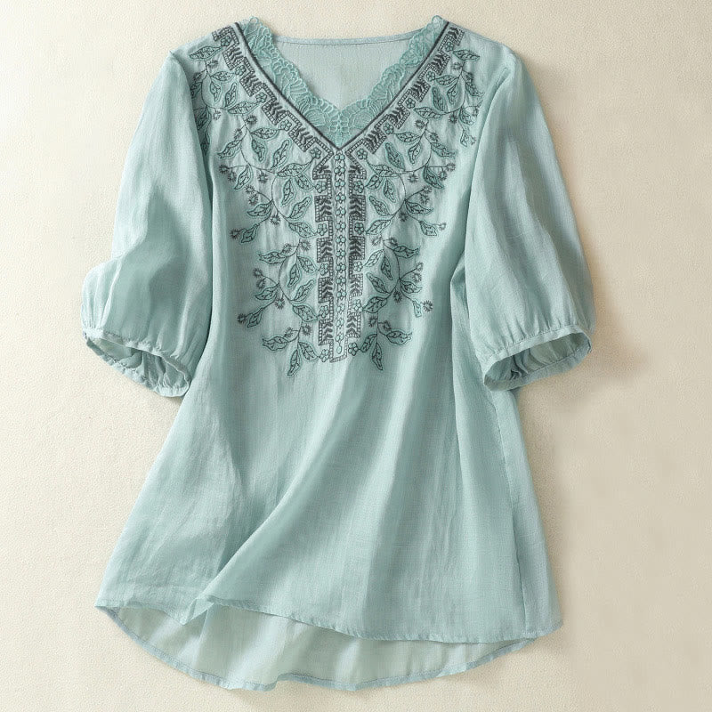 Maglietta casual da donna in cotone e lino con maniche corte, in pizzo ricamato con Buddha Stones - AzzurroCielo Chiaro - US8-10, UK/AU12-14, EU40-42 (2XL) - image 9