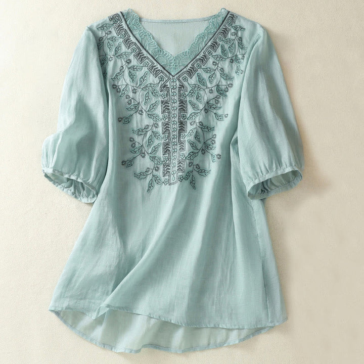 Maglietta casual da donna in cotone e lino con maniche corte, in pizzo ricamato con Buddha Stones - AzzurroCielo Chiaro - US8-10, UK/AU12-14, EU40-42 (2XL) - image 9