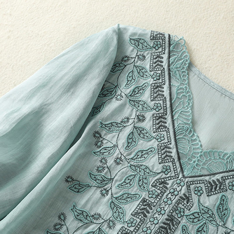 Maglietta casual da donna in cotone e lino con maniche corte, in pizzo ricamato con Buddha Stones - image 12