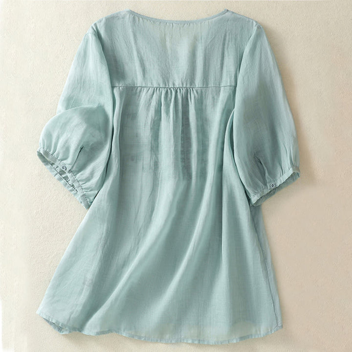 Maglietta casual da donna in cotone e lino con maniche corte, in pizzo ricamato con Buddha Stones - image 10