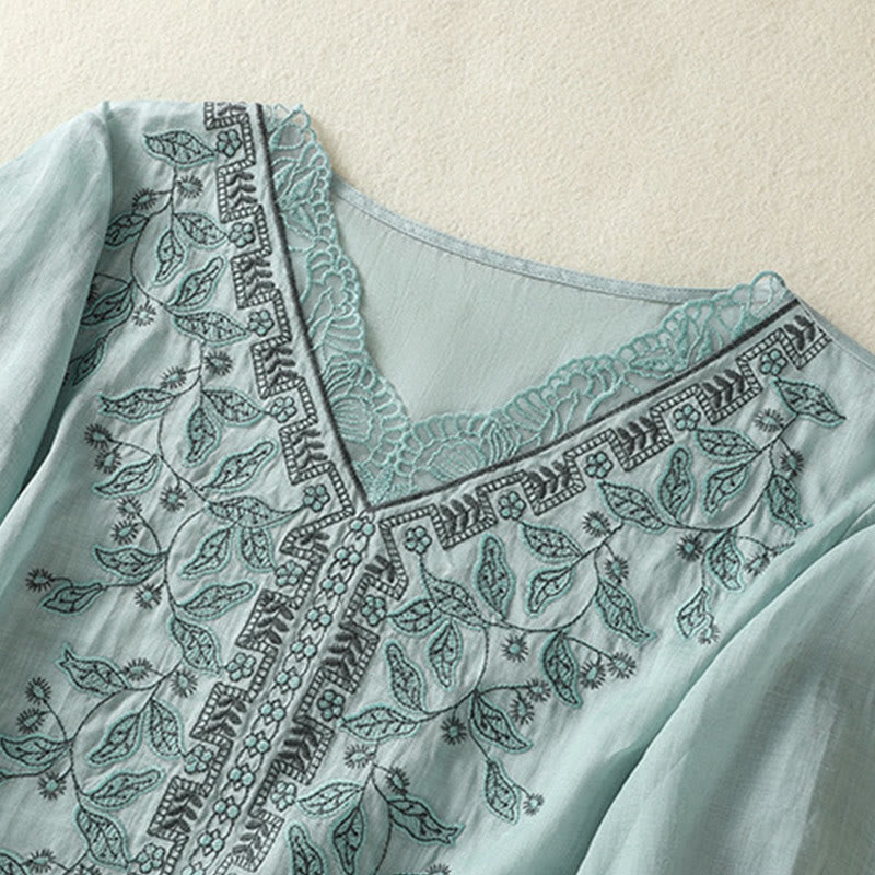 Maglietta casual da donna in cotone e lino con maniche corte, in pizzo ricamato con Buddha Stones - image 14