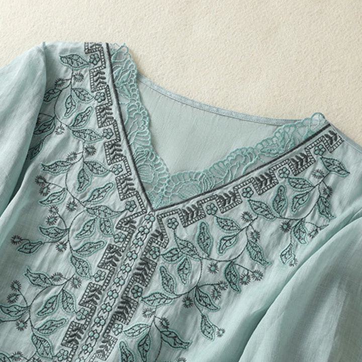 Maglietta casual da donna in cotone e lino con maniche corte, in pizzo ricamato con Buddha Stones - image 14