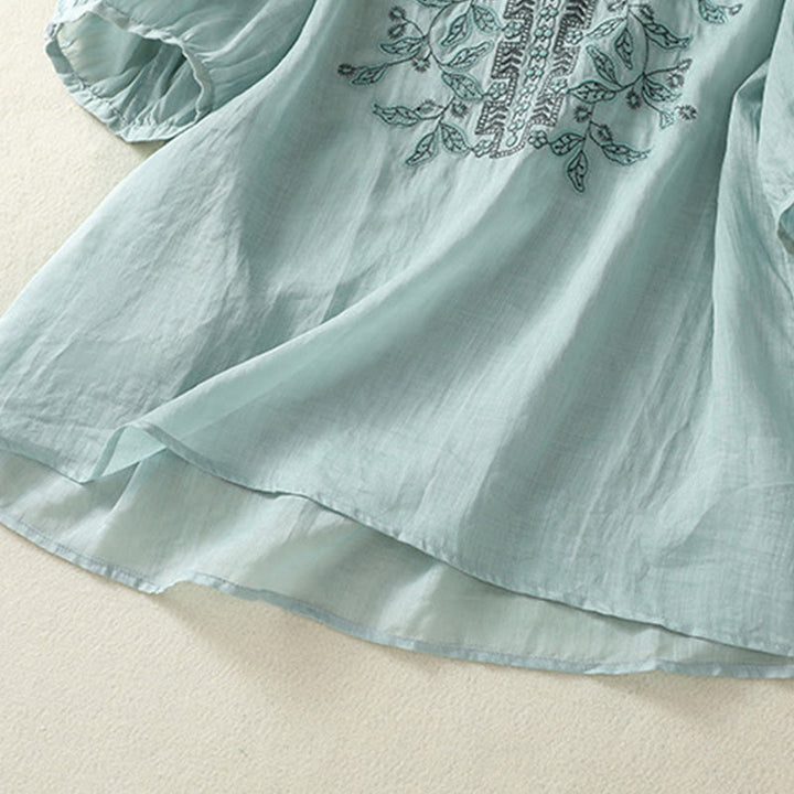 Maglietta casual da donna in cotone e lino con maniche corte, in pizzo ricamato con Buddha Stones - image 16