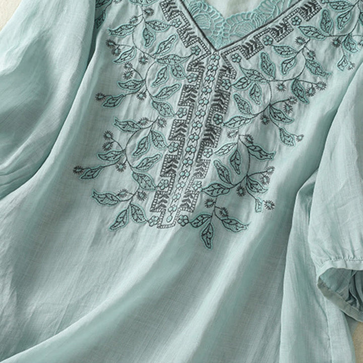 Maglietta casual da donna in cotone e lino con maniche corte, in pizzo ricamato con Buddha Stones - image 15