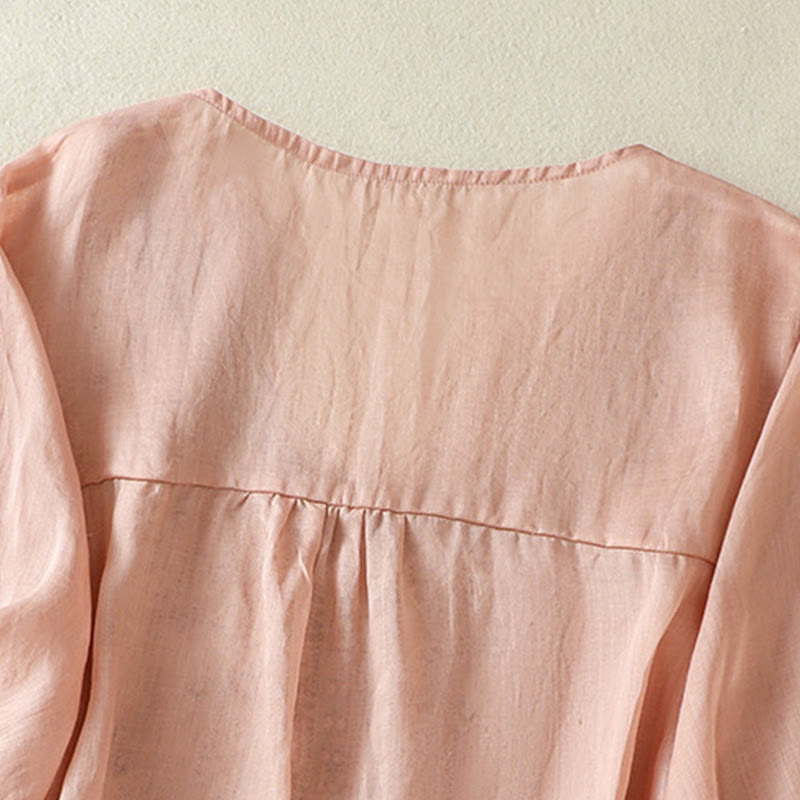 Maglietta casual da donna in cotone e lino con maniche corte, in pizzo ricamato con Buddha Stones - image 22