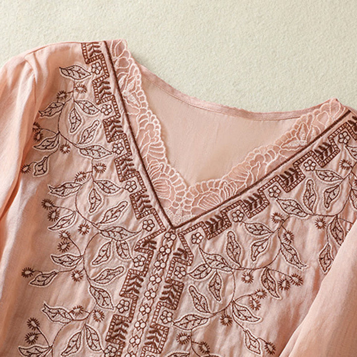 Maglietta casual da donna in cotone e lino con maniche corte, in pizzo ricamato con Buddha Stones - image 27