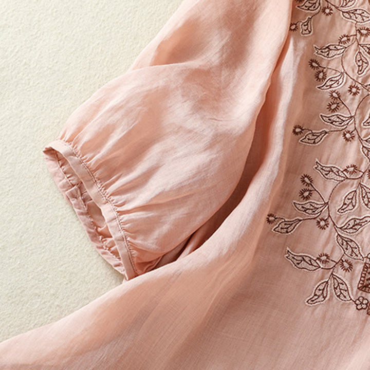 Maglietta casual da donna in cotone e lino con maniche corte, in pizzo ricamato con Buddha Stones - image 27