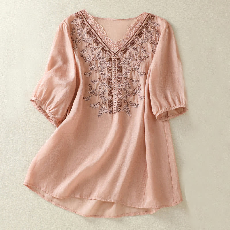 Maglietta casual da donna in cotone e lino con maniche corte, in pizzo ricamato con Buddha Stones - Rosa - US8-10, UK/AU12-14, EU40-42 (2XL) - image 20
