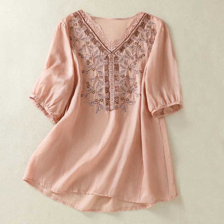 Maglietta casual da donna in cotone e lino con maniche corte, in pizzo ricamato con Buddha Stones - Rosa - US8-10, UK/AU12-14, EU40-42 (2XL) - image 20