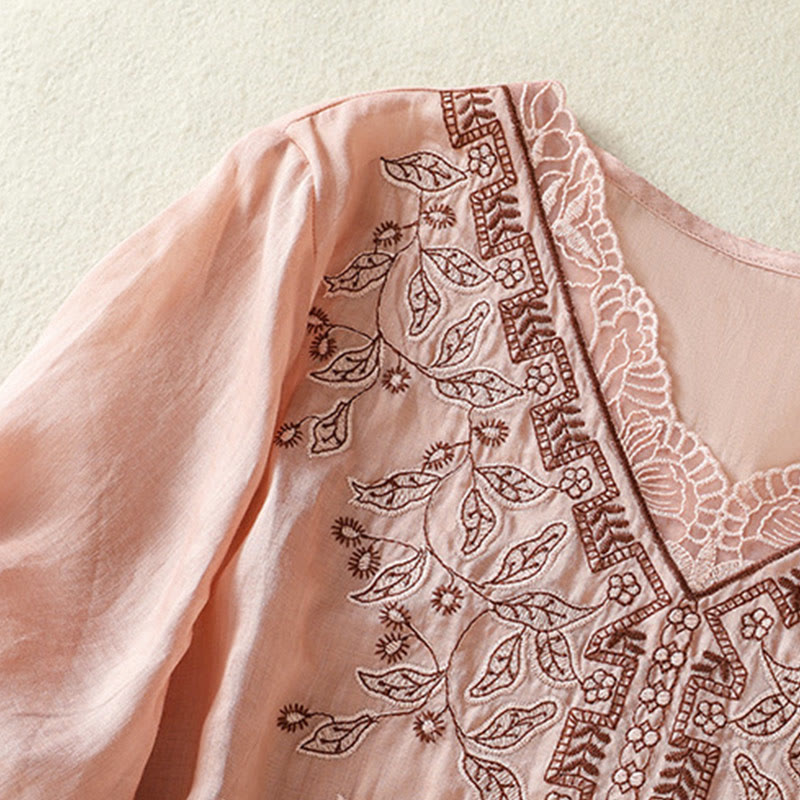 Maglietta casual da donna in cotone e lino con maniche corte, in pizzo ricamato con Buddha Stones - image 28