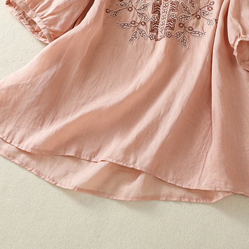 Maglietta casual da donna in cotone e lino con maniche corte, in pizzo ricamato con Buddha Stones - image 26